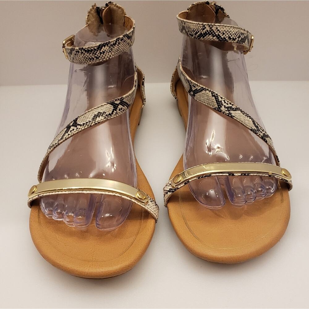 Report Merlin snakeskin ankle strap sandals‎ 8.5